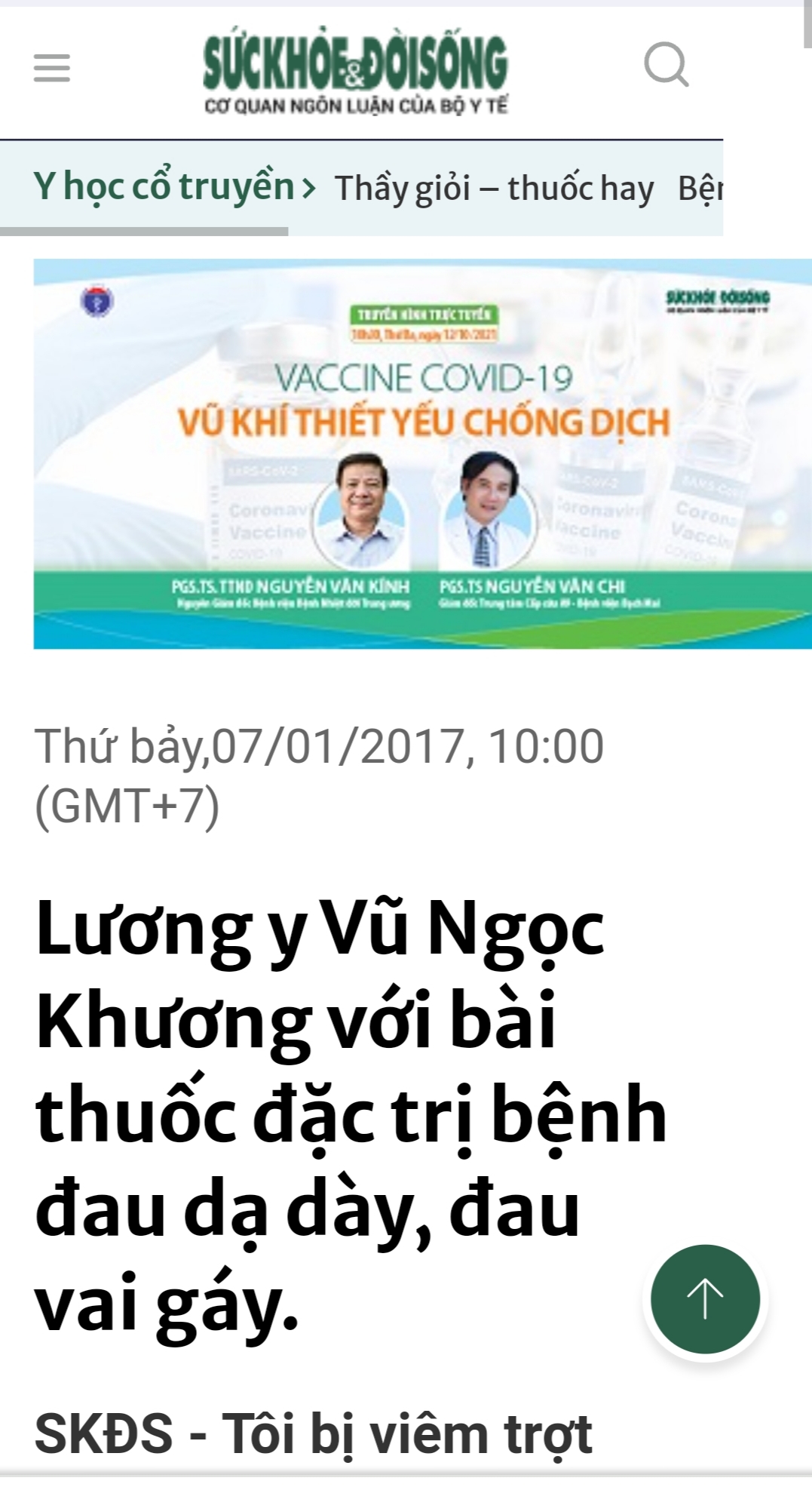 Báo Sức Khỏe và Đời Sống: Lương y Vũ Ngọc Khương với bài thuốc đặc trị bệnh đau dạ dày, đau vai gáy.