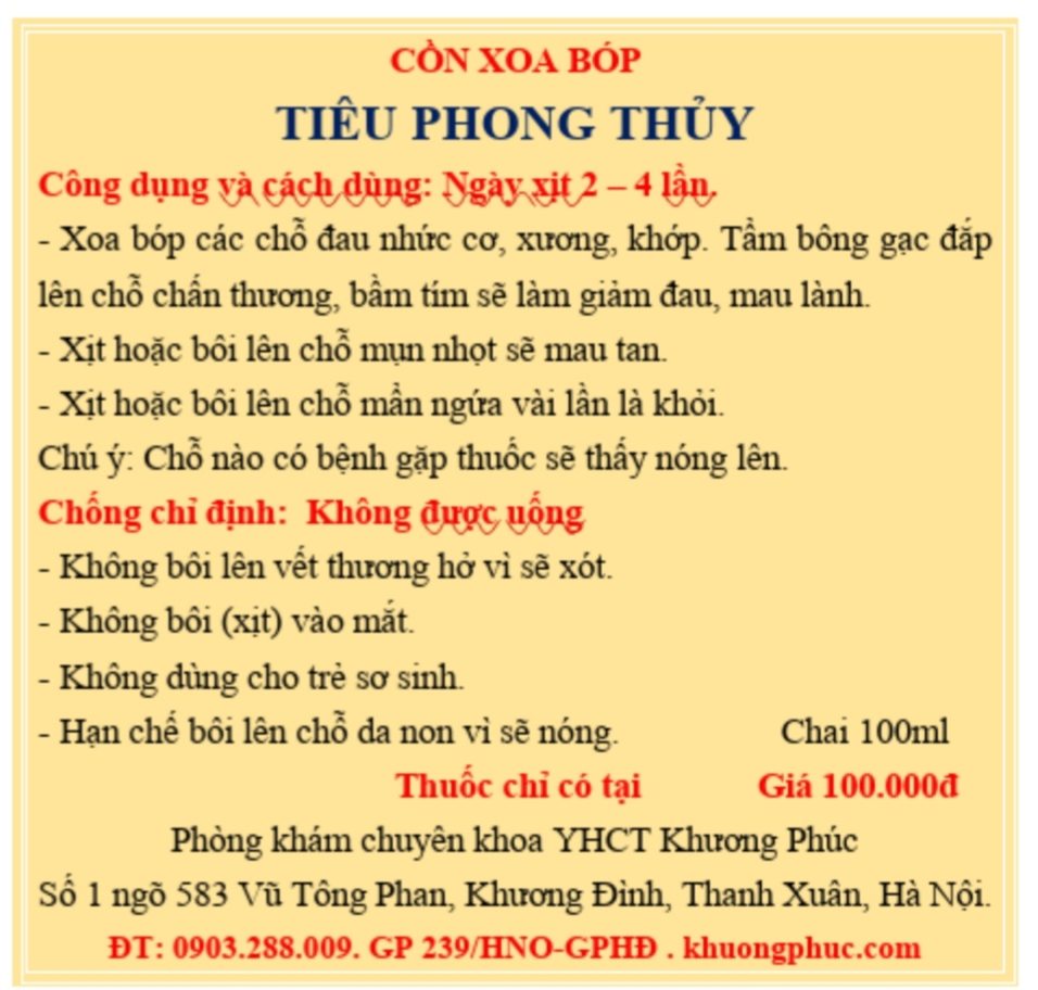 Tiêu Phong Thủy, thuốc xoa bóp chấn thương, đau nhức.